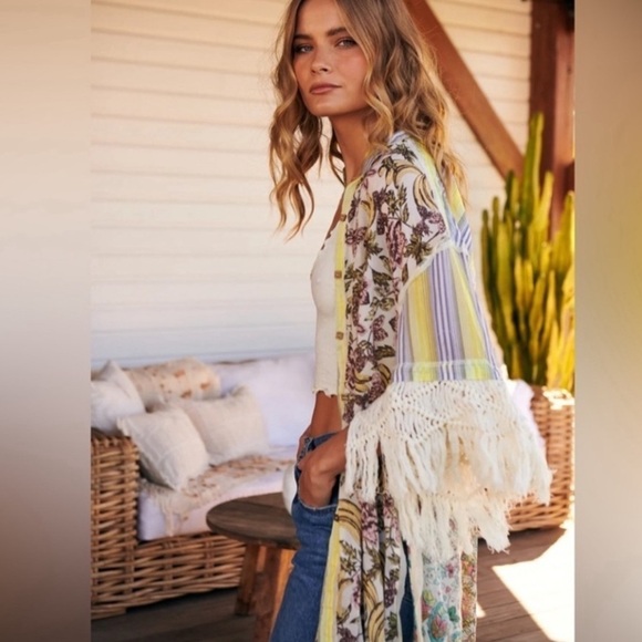 FREE PEOPLE shirt Duster large Watching Waves Maxi Aquamarine Combo NEW - Picture 7 of 15